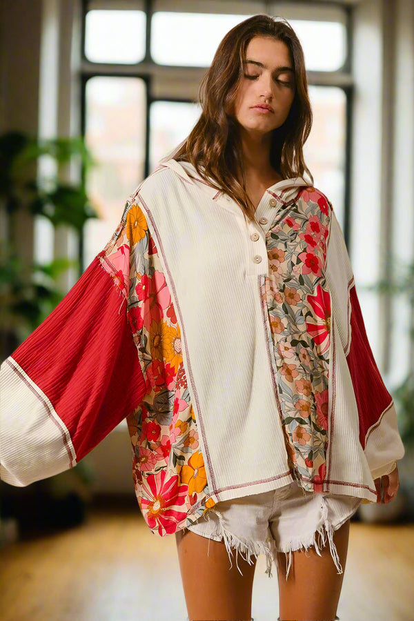 Waffle Knit and Floral Print Mixed Relaxed Fit Henley Neckline Hoodie Top
