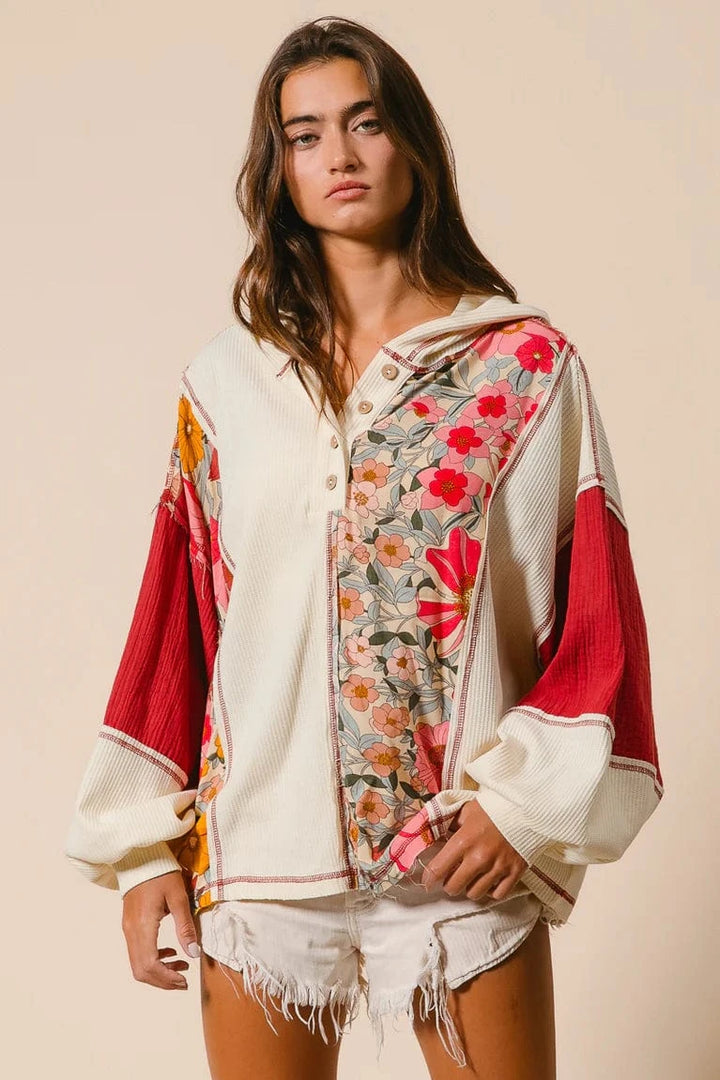 Waffle Knit and Floral Print Mixed Relaxed Fit Henley Neckline Hoodie Top