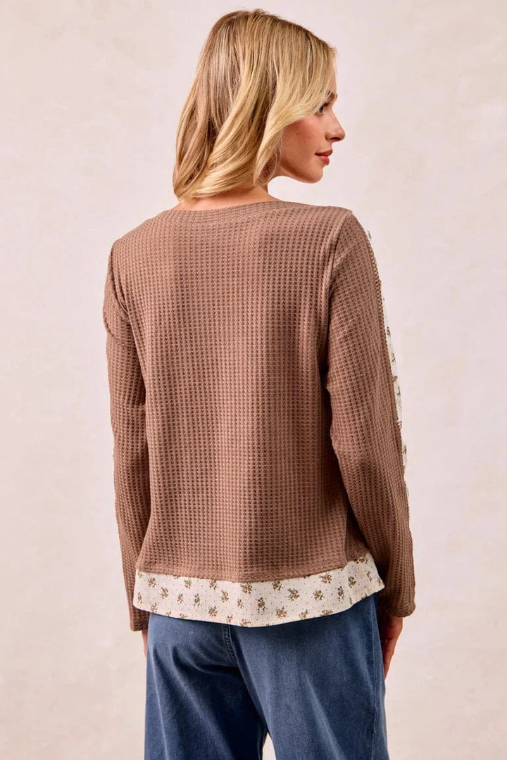 Waffle Knit Long Sleeve Top with Woven Floral Print Accents