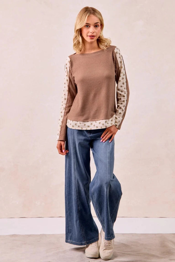 Waffle Knit Long Sleeve Top with Woven Floral Print Accents