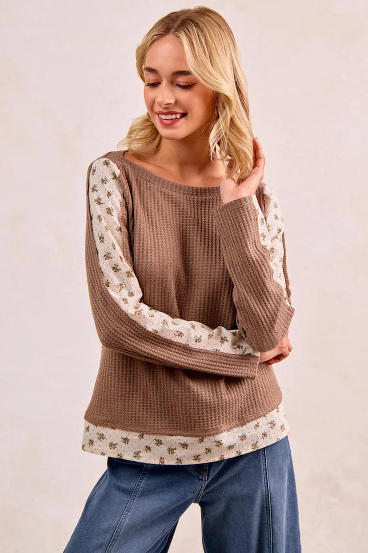 Waffle Knit Long Sleeve Top with Woven Floral Print Accents