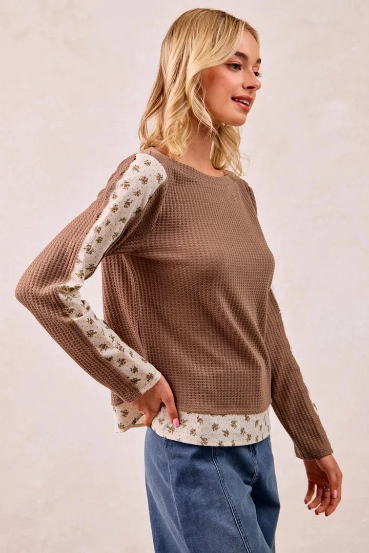 Waffle Knit Long Sleeve Top with Woven Floral Print Accents