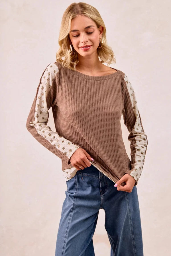 Waffle Knit Long Sleeve Top with Woven Floral Print Accents