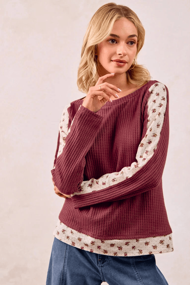 Waffle Knit Long Sleeve Top with Woven Floral Print Accents