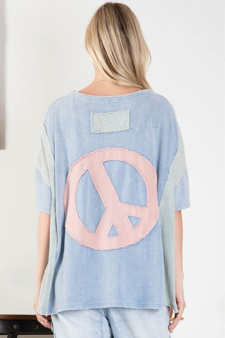 Washed Color Block Tee with Large Peace Patch Design on Back