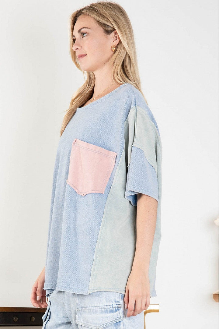 Washed Color Block Tee with Large Peace Patch Design on Back