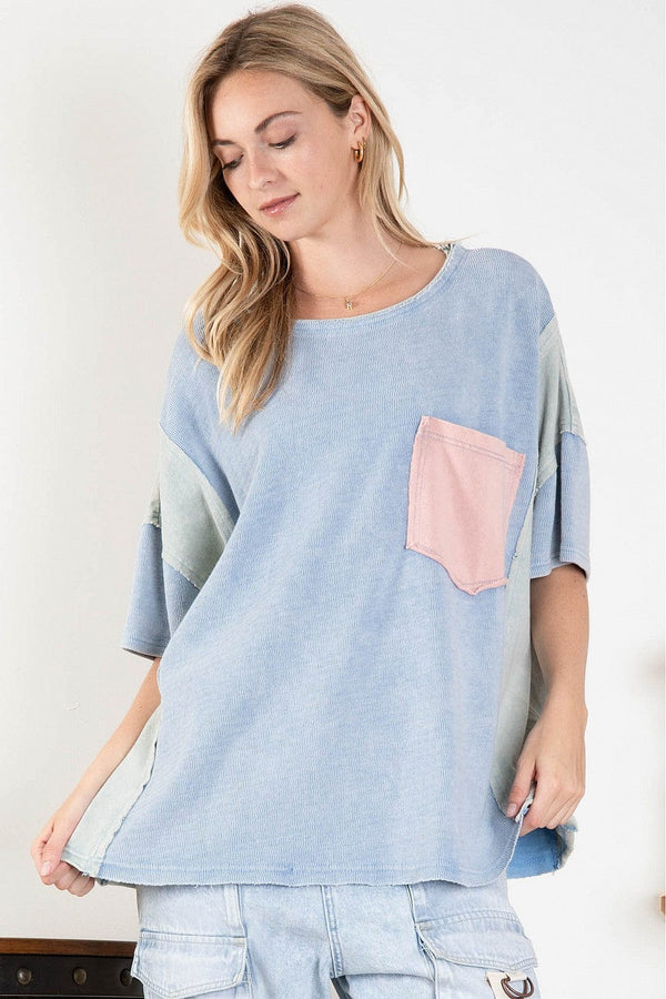 Washed Color Block Tee with Large Peace Patch Design on Back