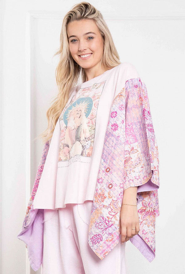 Washed Dolly Tarot Card Style Printed Poncho Graphic Tee with Floral Paisley Fabric