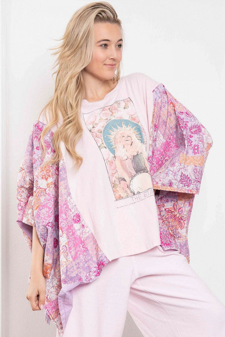 Washed Dolly Tarot Card Style Printed Poncho Graphic Tee with Floral Paisley Fabric