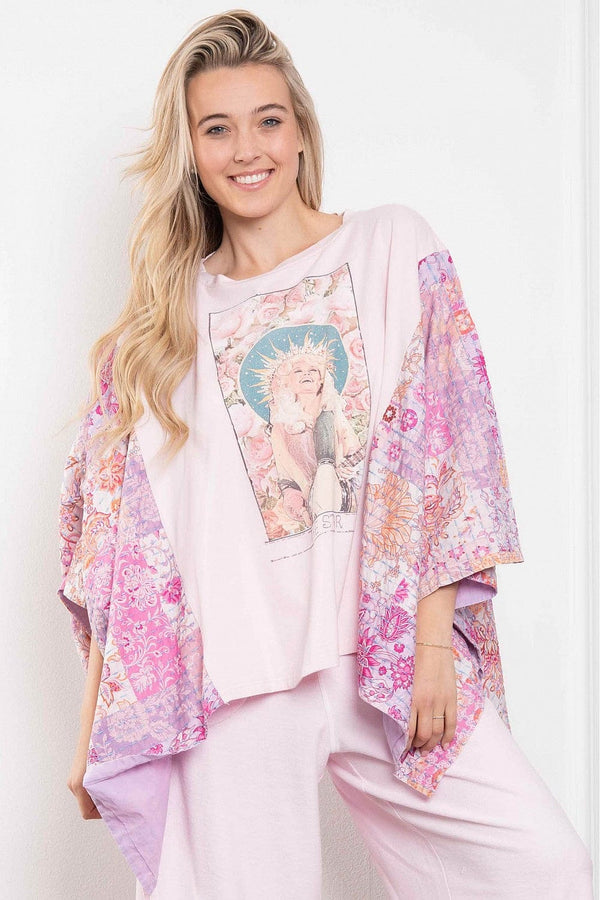 Washed Dolly Tarot Card Style Printed Poncho Graphic Tee with Floral Paisley Fabric