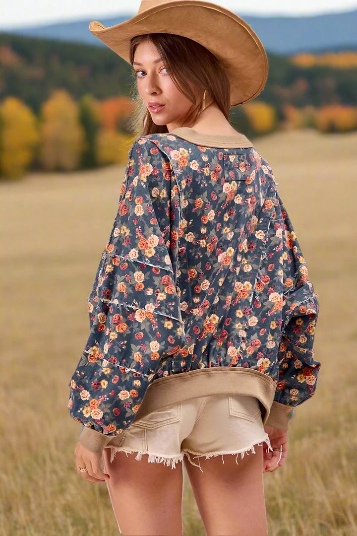 Washed Floral Denim Frayed Round Neck Top with Ribbed Band