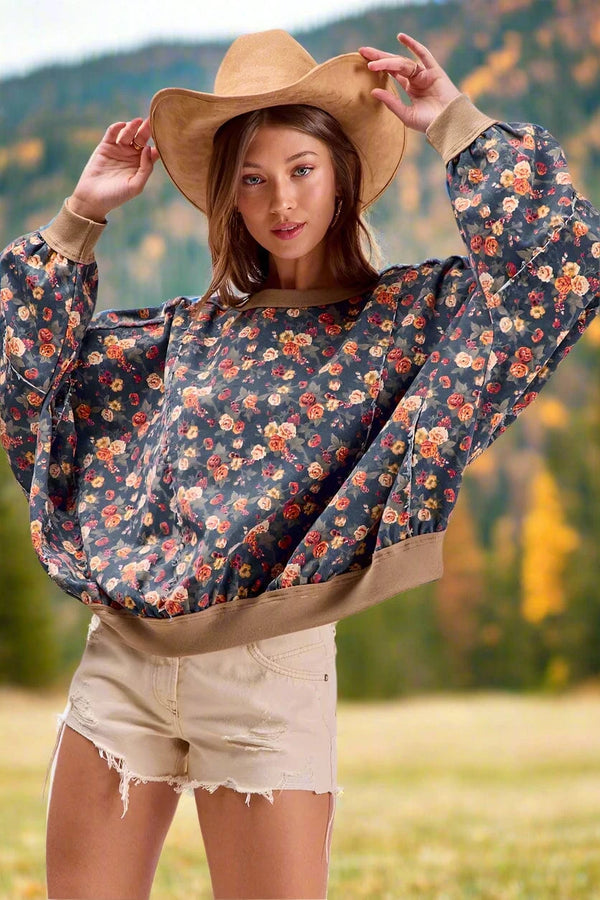 Washed Floral Denim Frayed Round Neck Top with Ribbed Band