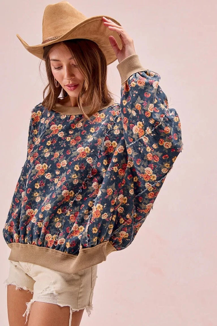 Washed Floral Denim Frayed Round Neck Top with Ribbed Band