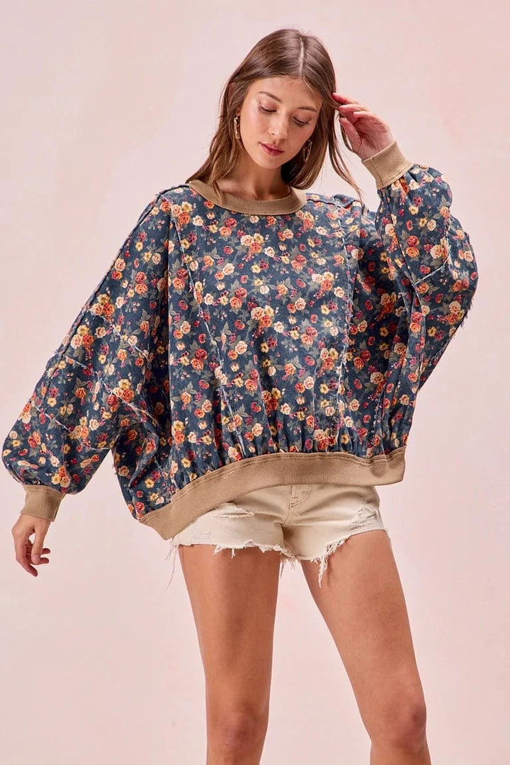 Washed Floral Denim Frayed Round Neck Top with Ribbed Band