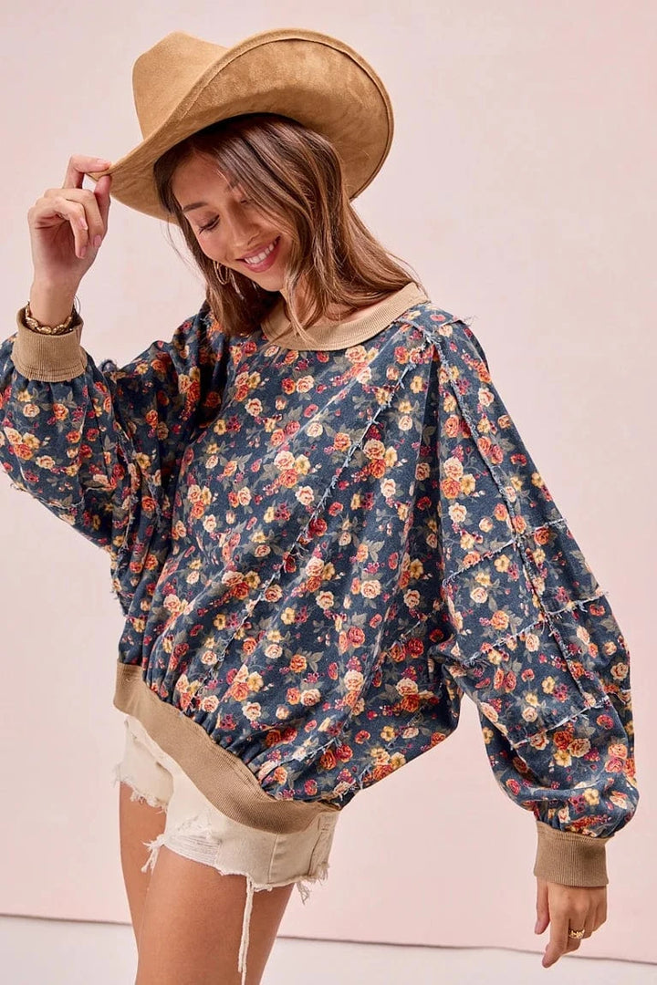 Washed Floral Denim Frayed Round Neck Top with Ribbed Band