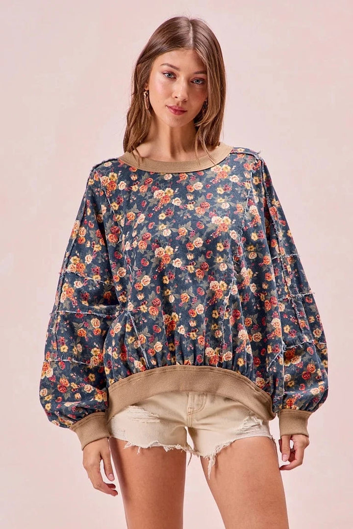 Washed Floral Denim Frayed Round Neck Top with Ribbed Band