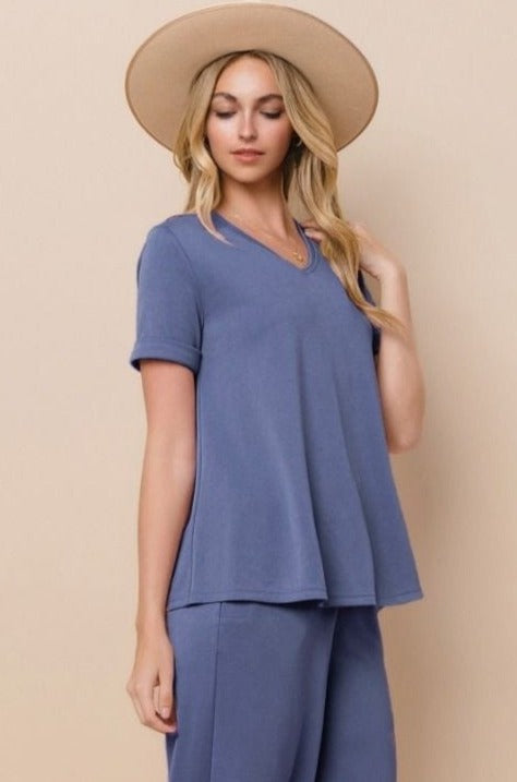 Washed Knit Jersey Short Sleeve V-Neck Top