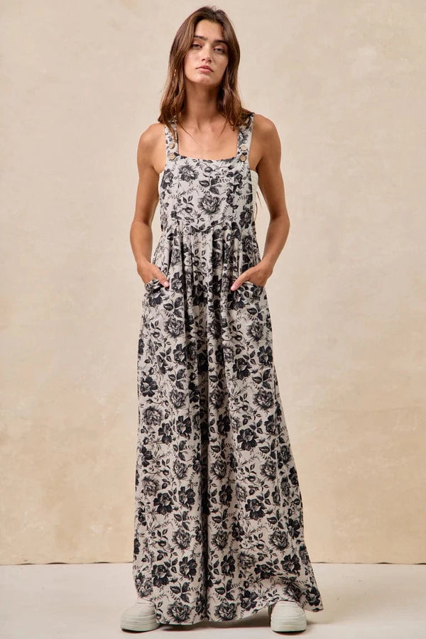 Washed Rose Printed Denim Pleated Detail Overalls