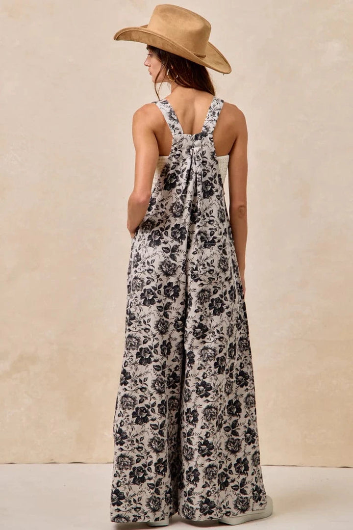 Washed Rose Printed Denim Pleated Detail Overalls