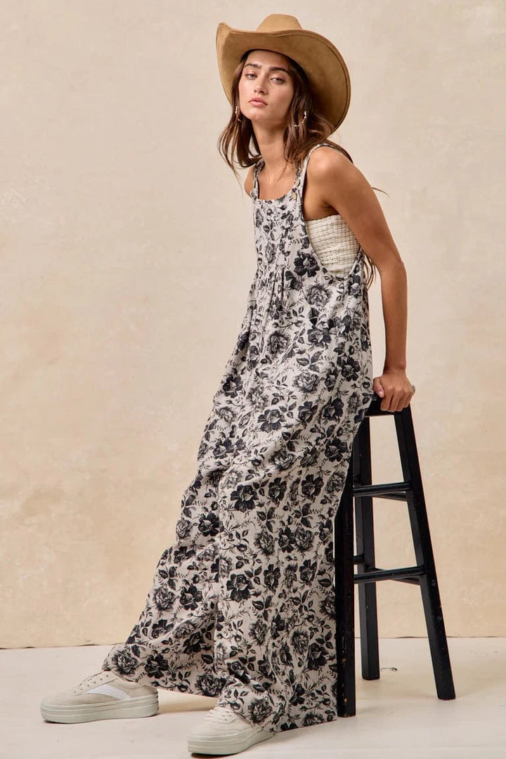 Washed Rose Printed Denim Pleated Detail Overalls