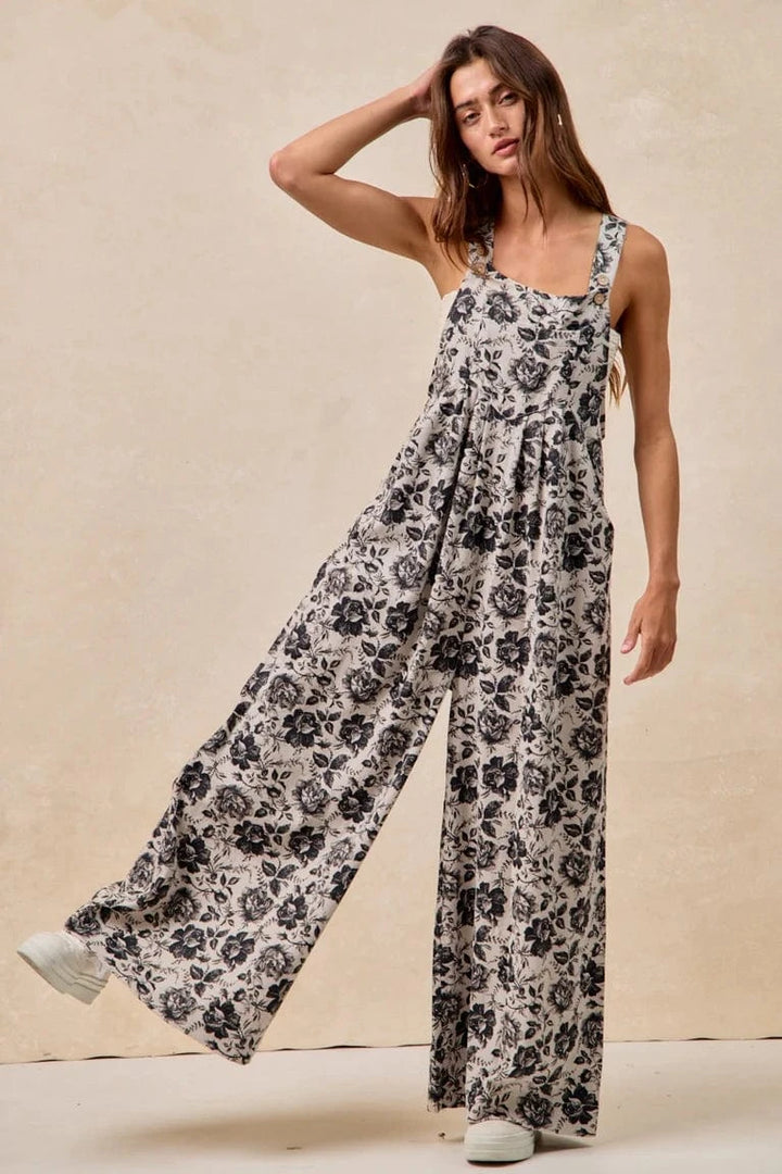 Washed Rose Printed Denim Pleated Detail Overalls