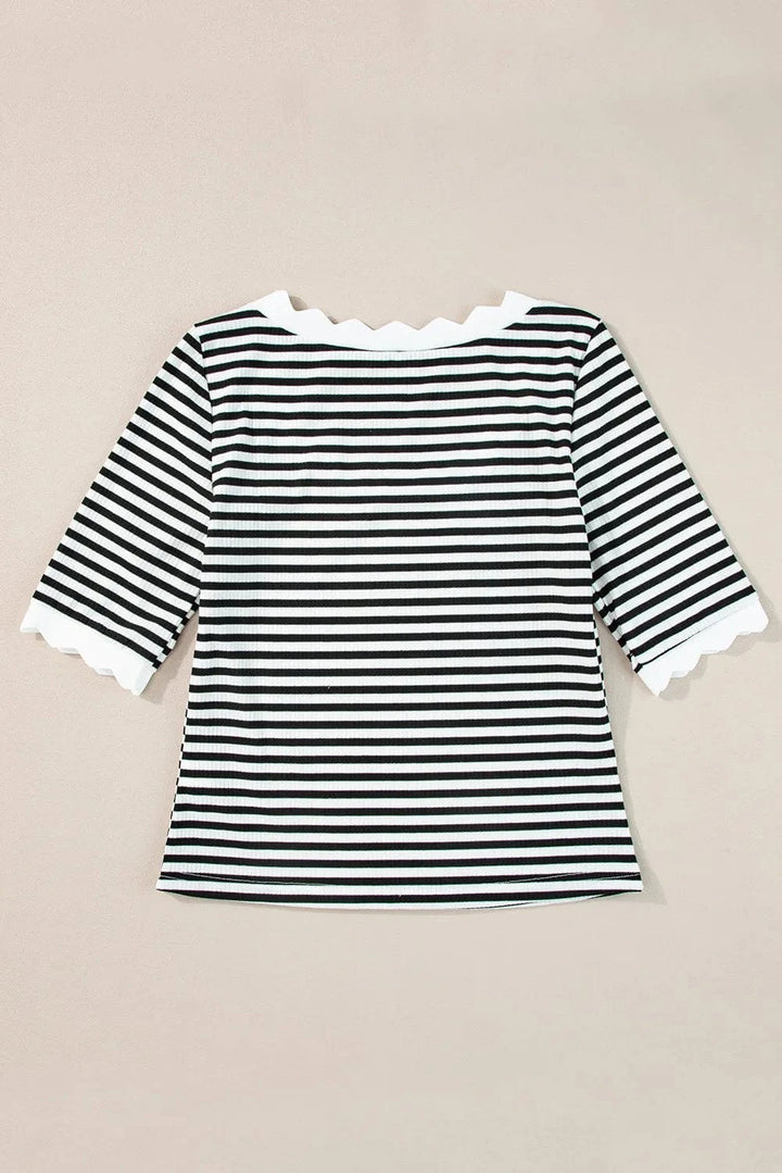 Wavy Trim U-Neck Half Sleeve Stiped Rib Knit Top