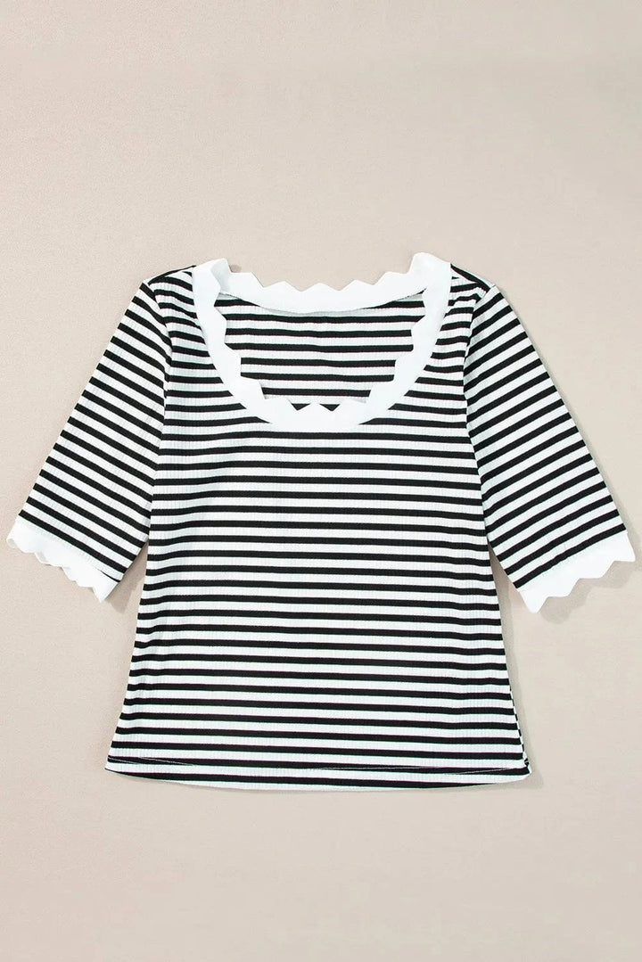 Wavy Trim U-Neck Half Sleeve Stiped Rib Knit Top