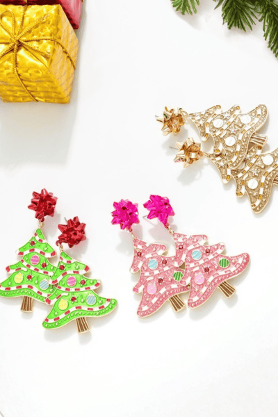 Whimsy Decorated Glitter Enamel Christmas Tree with Gift Bow Posts