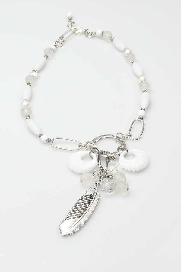 White and Silver Necklace with Feather Accent and Vintage Elements