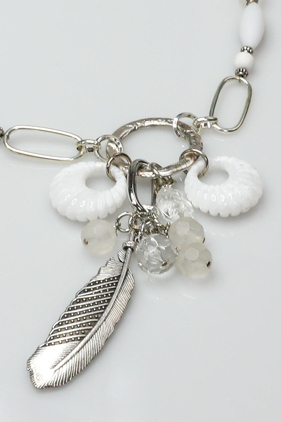 White and Silver Necklace with Feather Accent and Vintage Elements