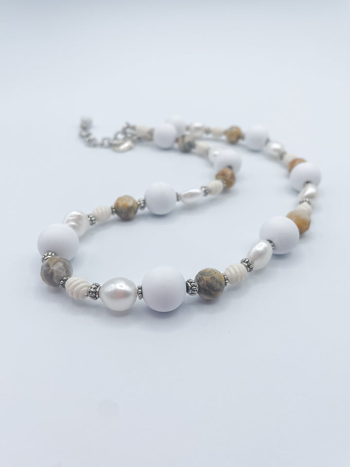 White Bead and Freshwater Pearl Necklace / Bracelet with Vintage Elements