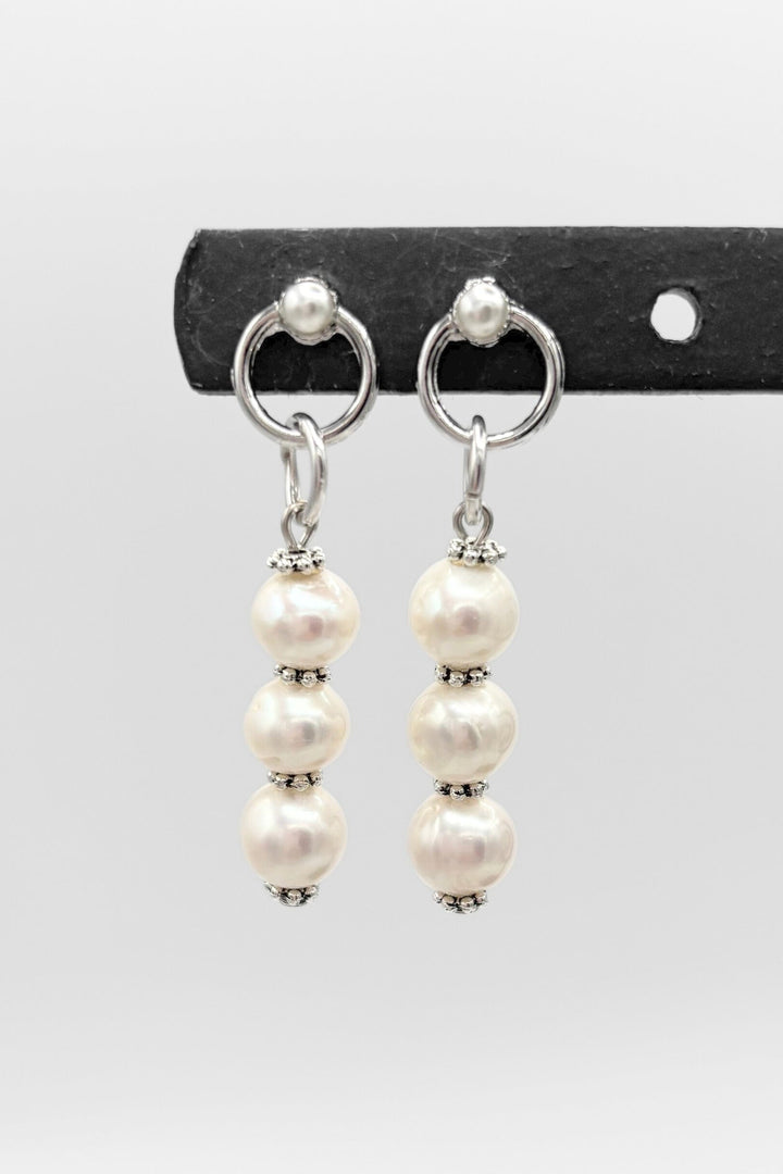 Willow Triple Stacked Pearl Drop Earrings with Classy Pearl Circle Post Attachment