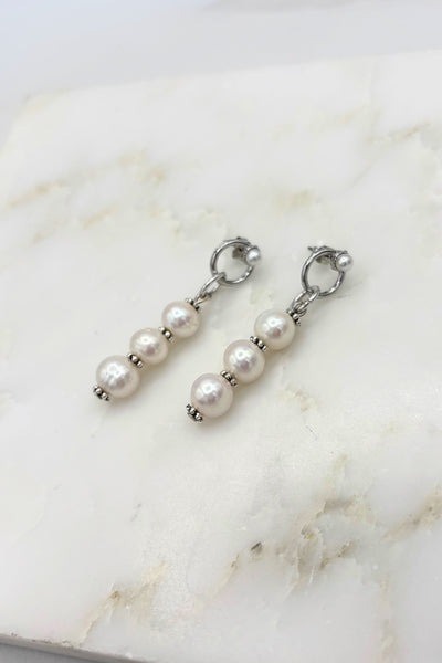 Willow Triple Stacked Pearl Drop Earrings with Classy Pearl Circle Post Attachment