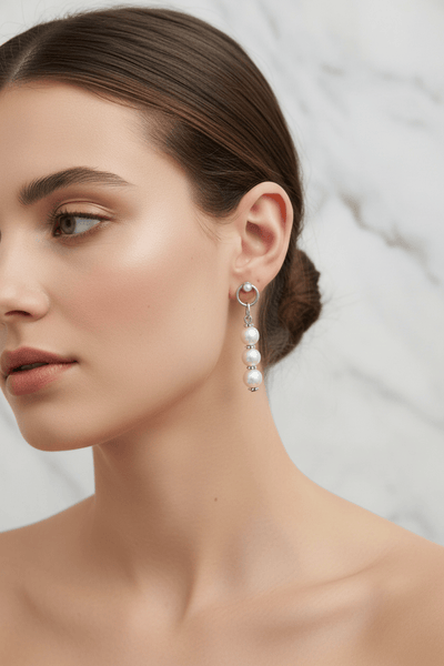 Willow Triple Stacked Pearl Drop Earrings with Classy Pearl Circle Post Attachment