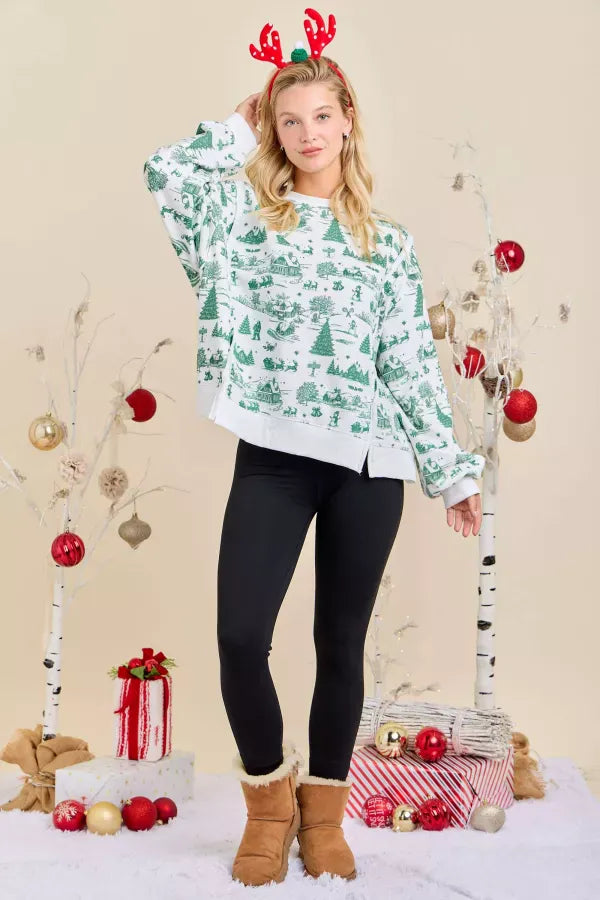Winter Village Toile Print Holiday Sweatshirt