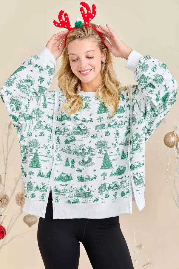 Winter Village Toile Print Holiday Sweatshirt