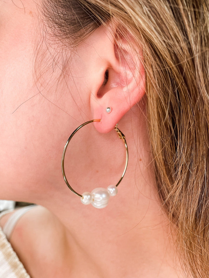 Women's 1 5/8" Hoop Earrings with Freshwater Pearls Available in Gold or Silver