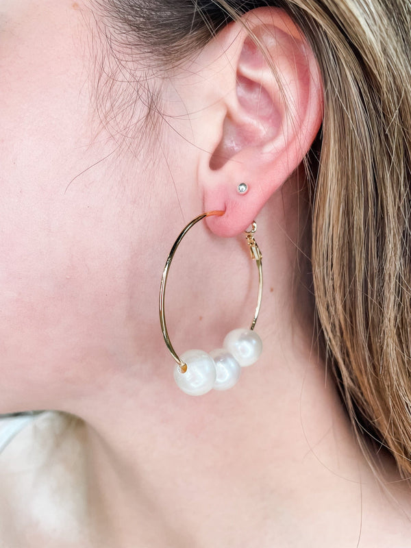 Women's 1.5" Hoop Earrings with Three Medium Freshwater Pearls