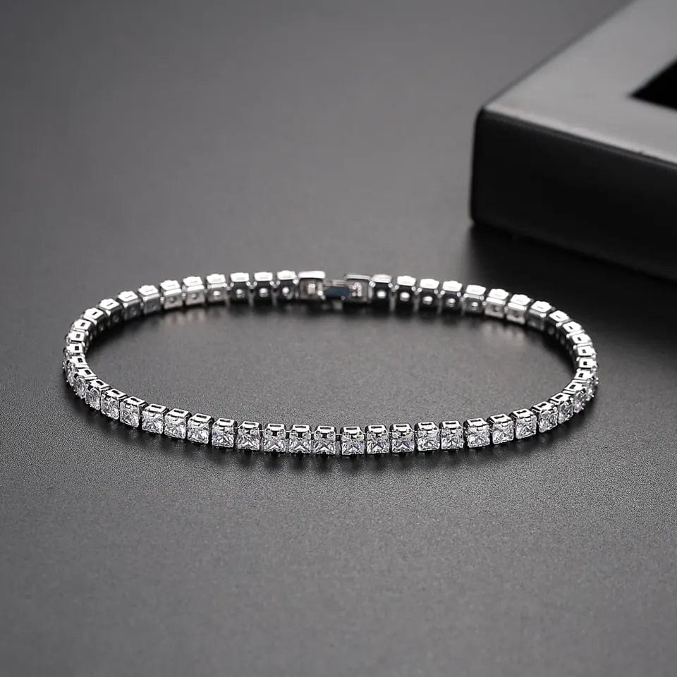 Women's 3mm Square Cut Tennis Bracelet, Gold or Rhodium Plated in Two Sizes