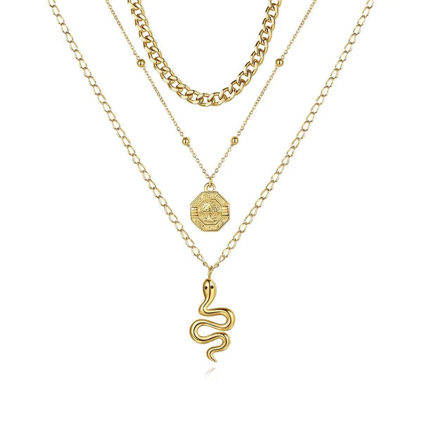 Women's Dainty 18K Gold Plated Three Strand Necklace with Snake and Medallion Charms