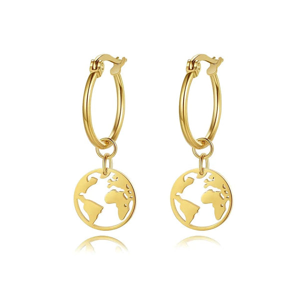 World Map Dangle Earrings in Gold Plated Stainless Steel