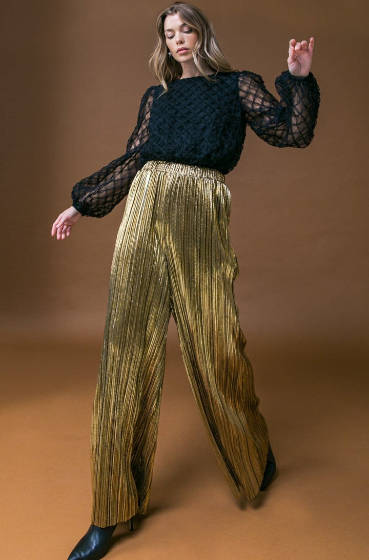 Woven Pleated Wide Leg Pant with Elastic Waist