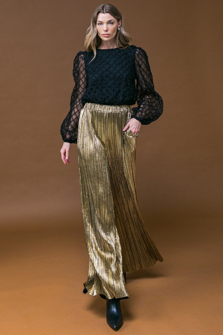 Woven Pleated Wide Leg Pant with Elastic Waist
