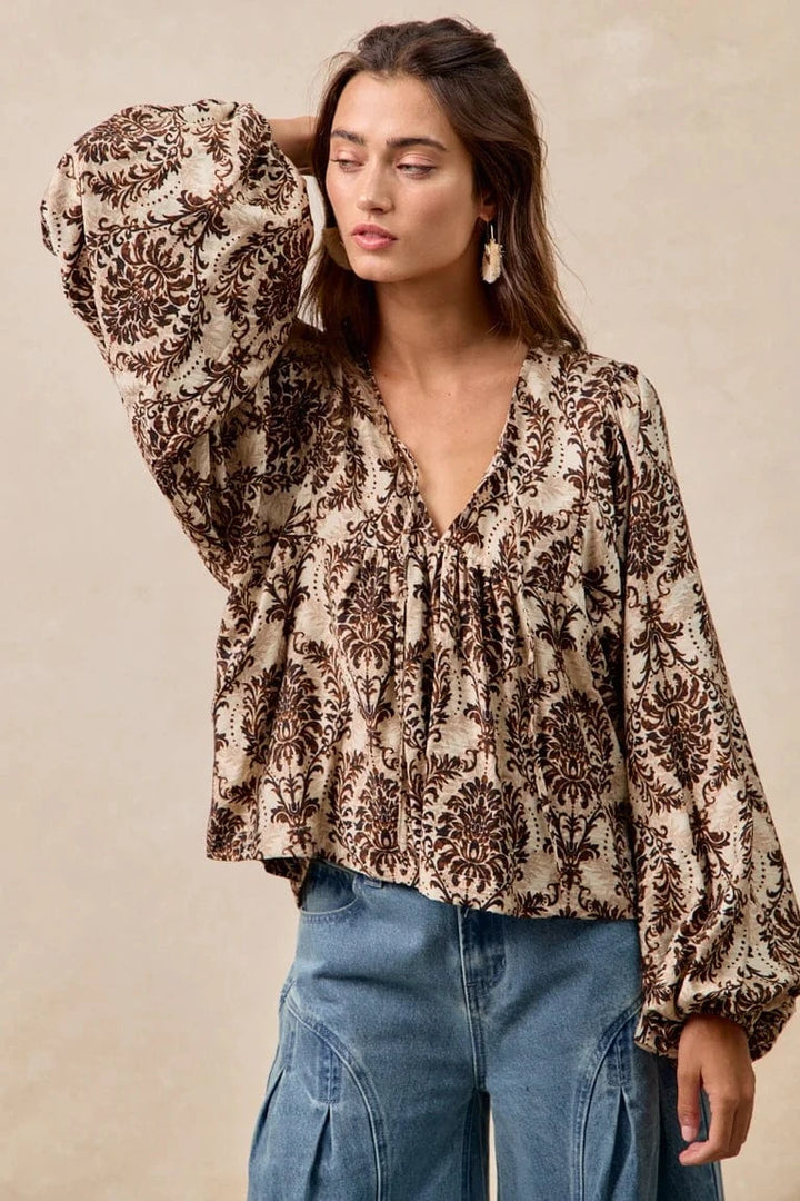 Woven Print Front Tie Balloon Sleeve Top