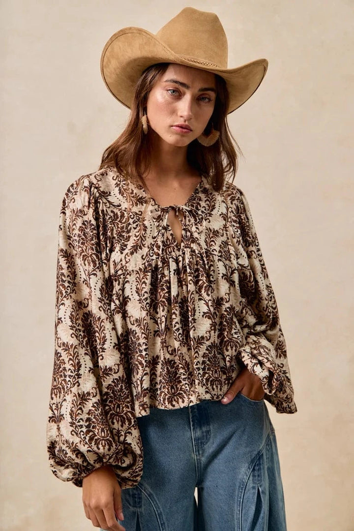 Woven Print Front Tie Balloon Sleeve Top