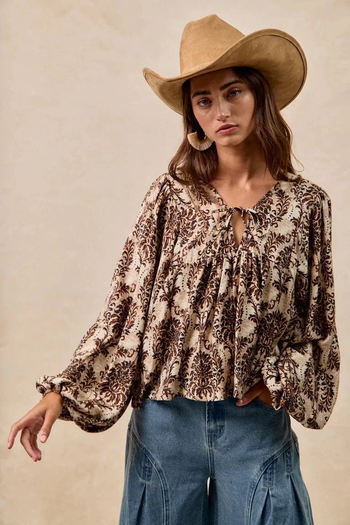 Woven Print Front Tie Balloon Sleeve Top