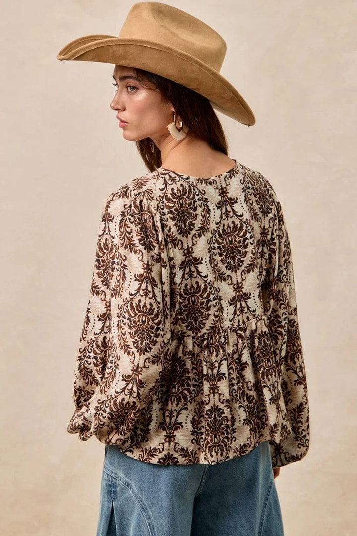 Woven Print Front Tie Balloon Sleeve Top