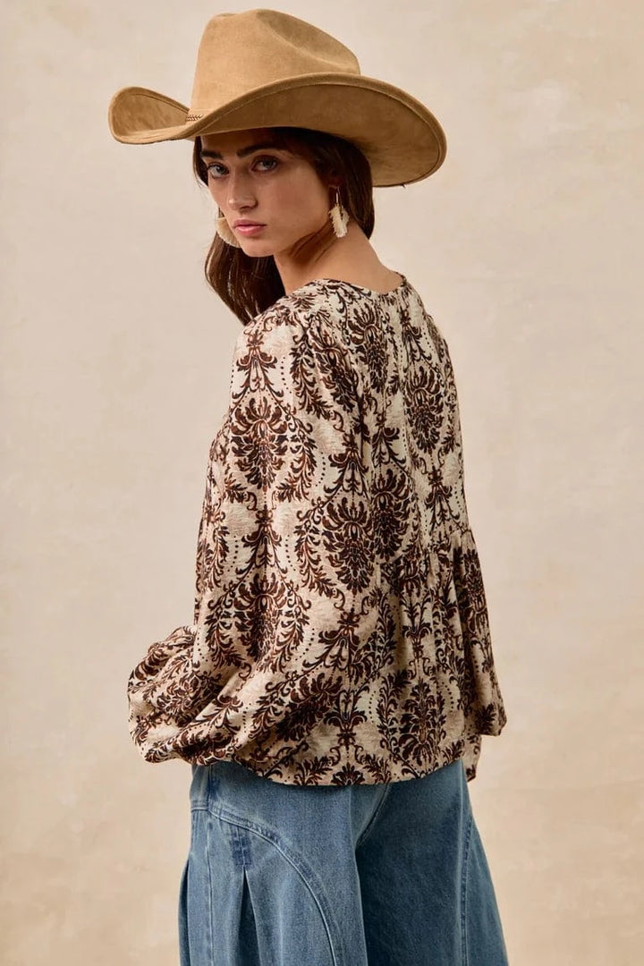 Woven Print Front Tie Balloon Sleeve Top