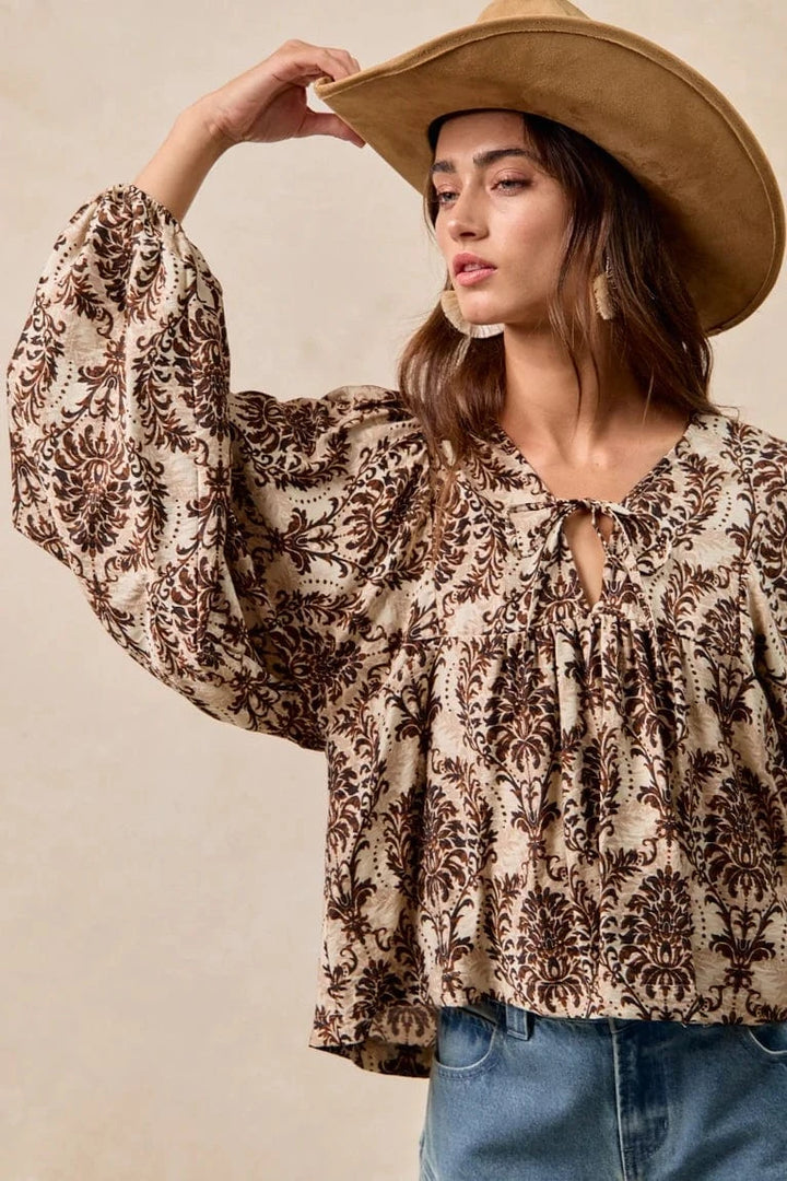 Woven Print Front Tie Balloon Sleeve Top