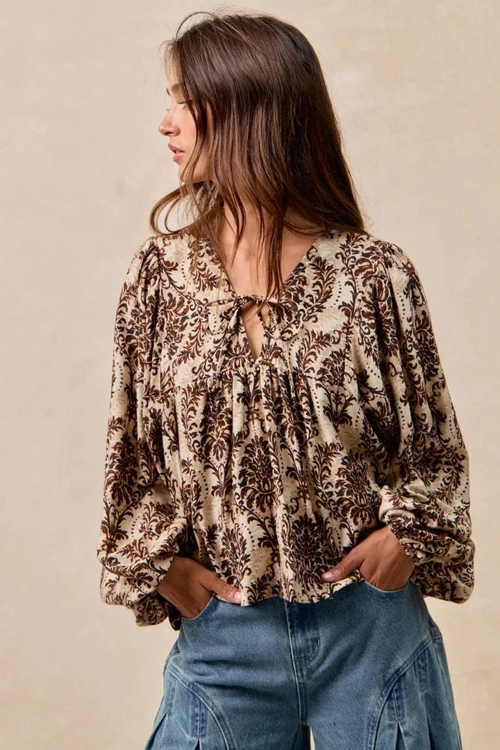 Woven Print Front Tie Balloon Sleeve Top